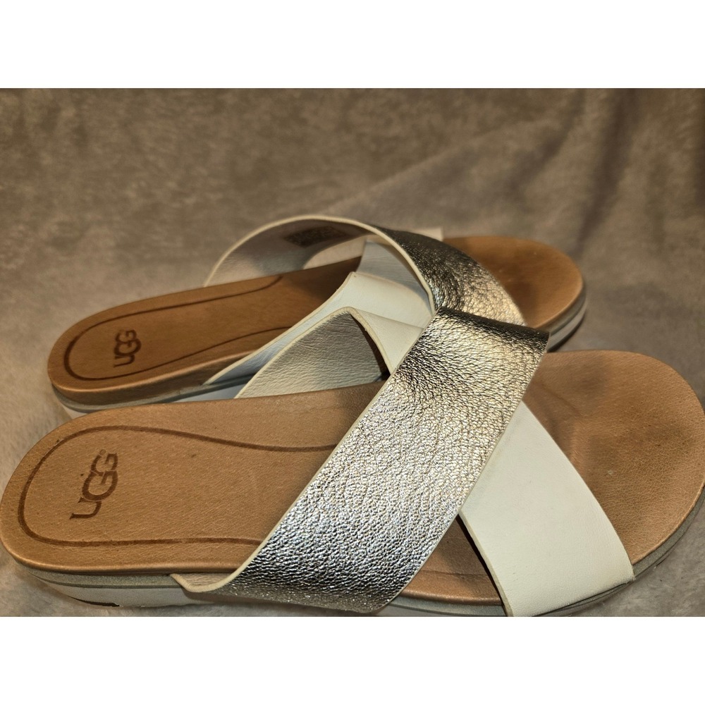 UGG Kari White Metallic Silver Leather Crisscross Slide Sandals 1018901 W 6 - Picture 3 of 8